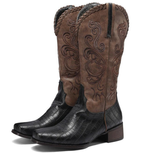 Rustic Western Braided Boots – Retro Cowboy Style with Snakeskin Detailing