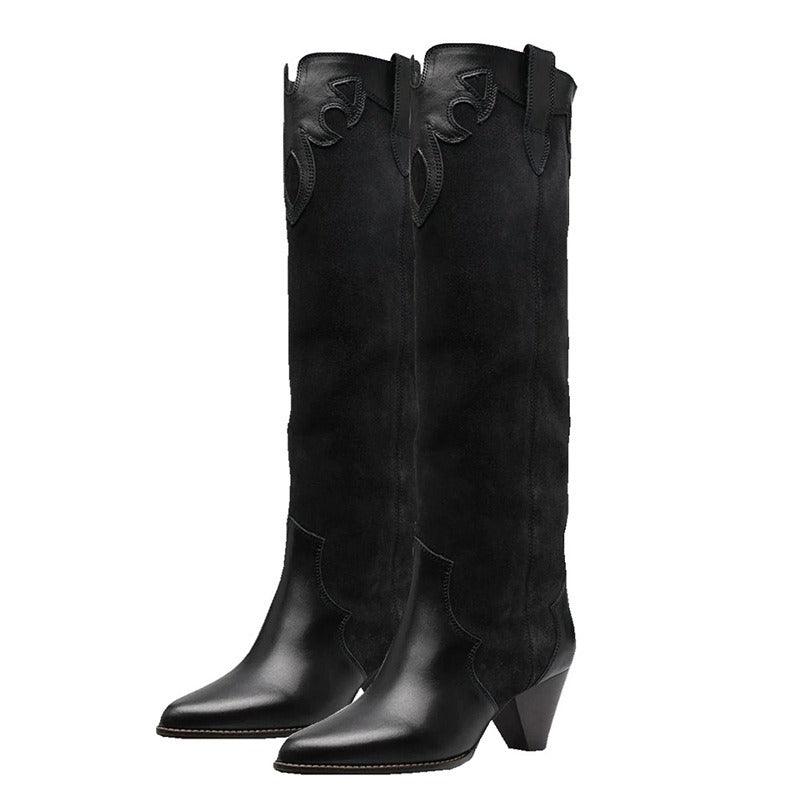 Retro Country Knee High Cowgirl Boots | Luxury Suede Embroidered Cowgirl Boots with High Heel