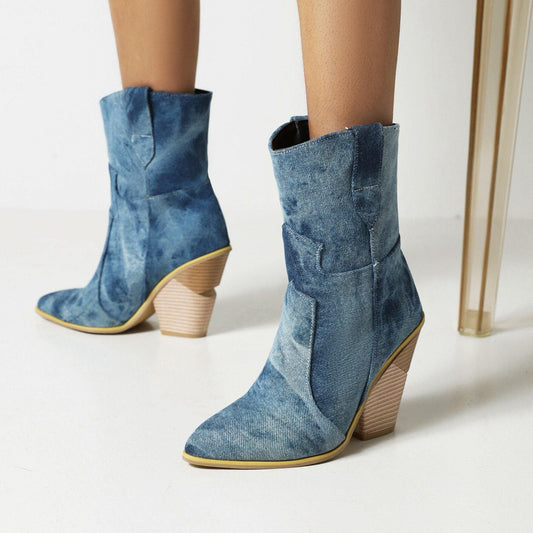 Cowgirl Chic High Heel Ankle Boots - Trendy Denim and Leather Boots for Women