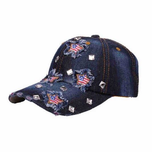 American Flag Distressed Denim Baseball Cap
