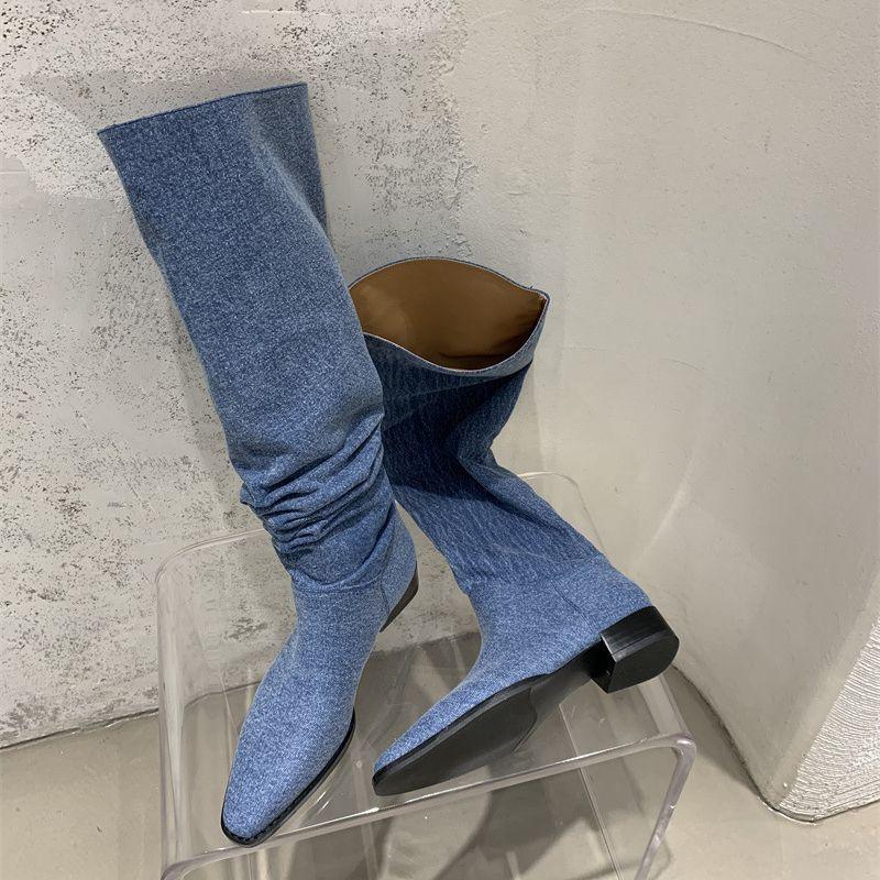 Women’s Denim Knee High Boots - Casual Cowboy Style