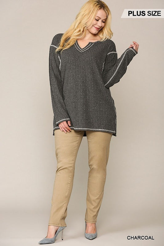 Two-tone Ribbed Tunic Top With Side Slits - It's a Girly Place