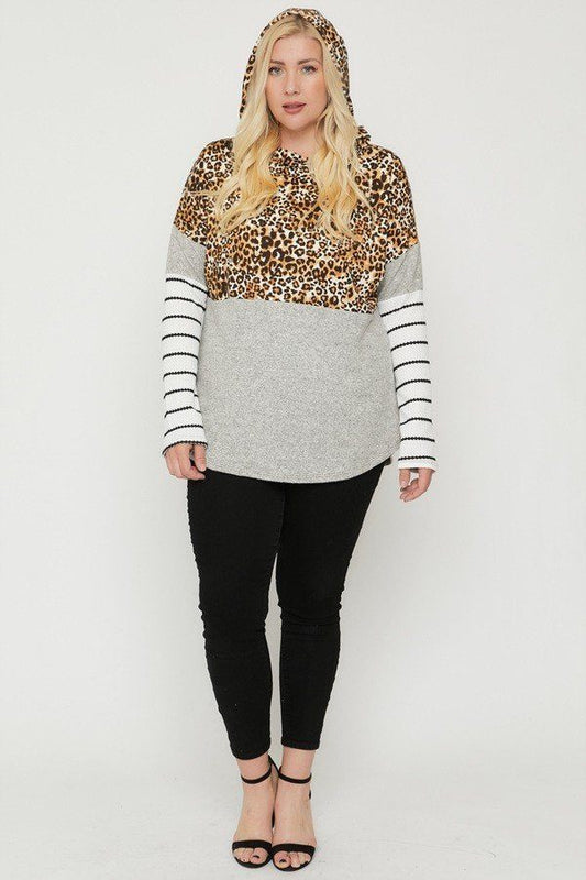 Plus Size Color Block Hoodie Featuring A Cheetah Print - It's a Girly Place