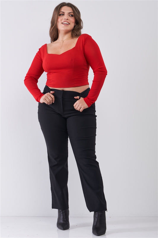 Plus Size Crimson Red Long Mesh Sleeve Sweetheart Neck Detail Structured Crop Top - It's a Girly Place