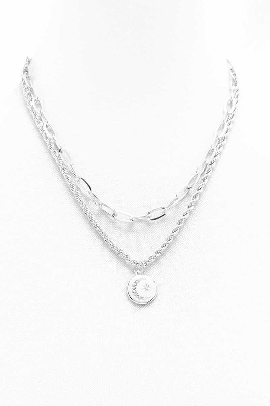 2 Layered Metal Chain Round Pendant Necklace - It's a Girly Place