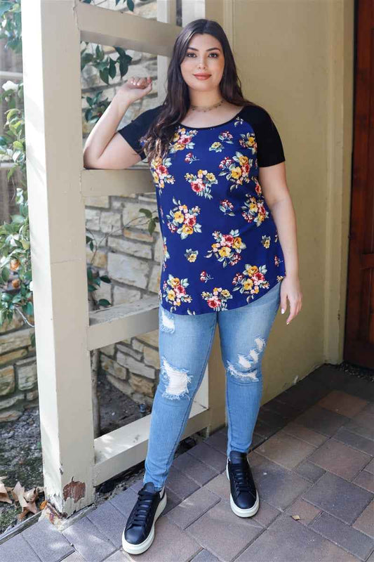 Plus Floral Print & Ribbed Black Colorblock Top – Navy Floral