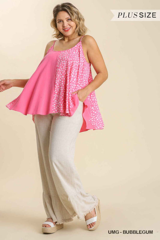 Linen Blend Mixed Animal Print Adjustable Spaghetti Strap Top