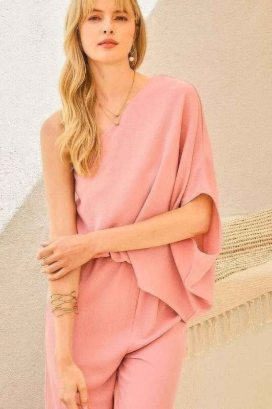 Chic One-Shoulder 3/4 Sleeve Solid Jumpsuit