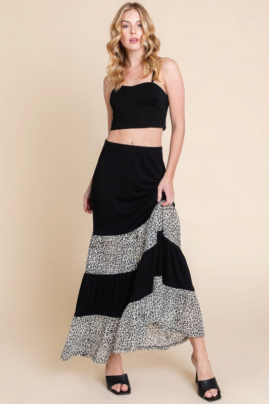Long Tiered Contrast Fashion Skirt With Velvet Animal Print Mesh - It's a Girly Place