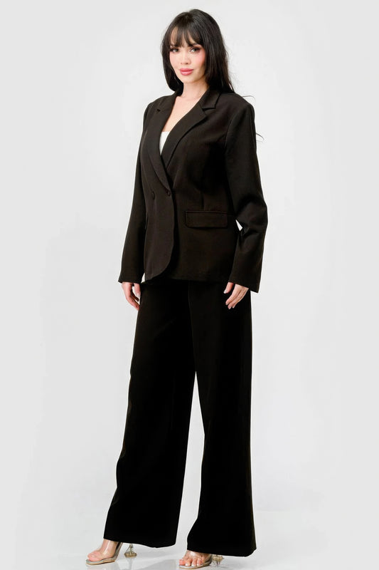 Luxe Stretch Woven Loose Fit Blazer And Wide Legs Pants Semi Formal Set - It's a Girly Place