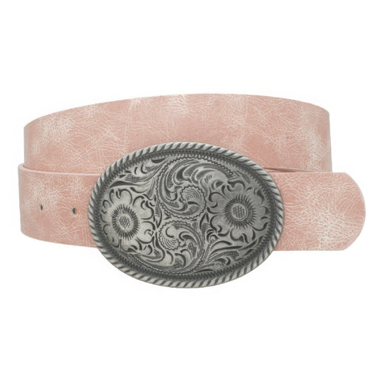 Flower Embossed Oval Buckle Vintage Strap Belt - It's a Girly Place