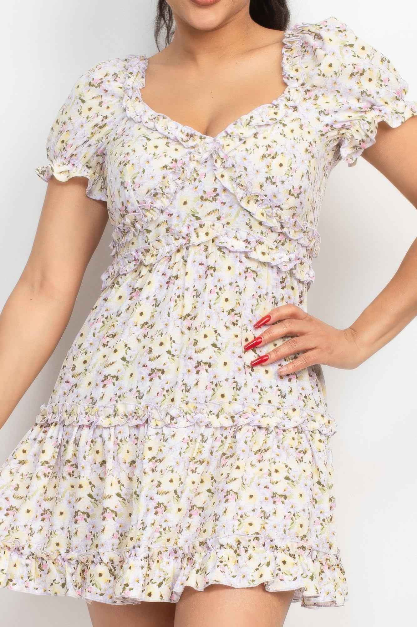 Ruffled Floral Puff Sleeve Dress