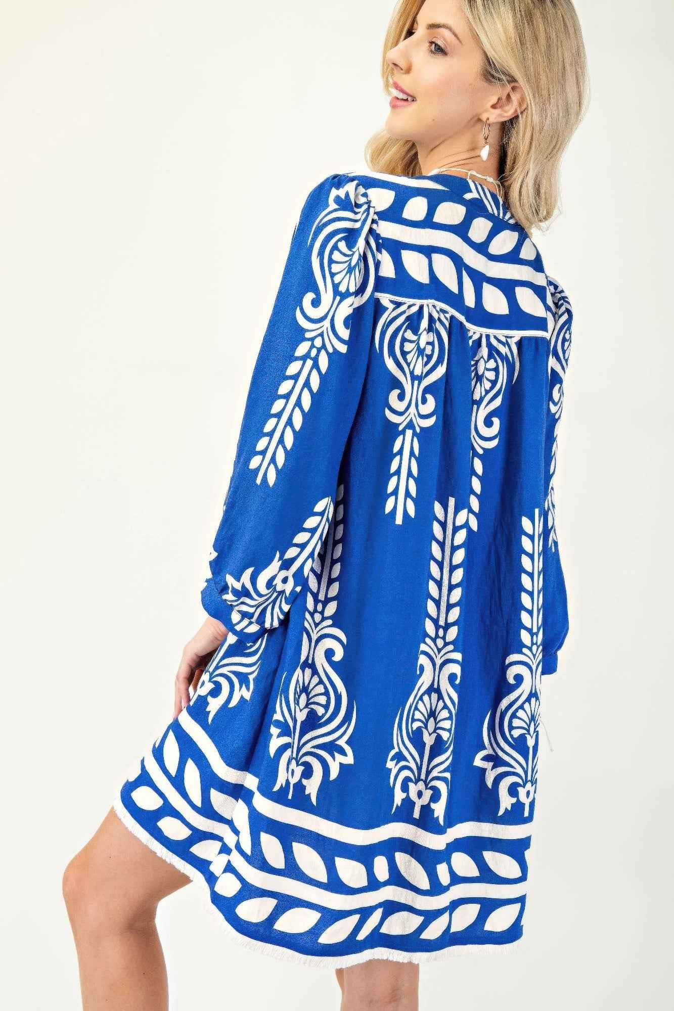 Printed 3/4 Sleeve Dress With Tassel Tie And Fringe Detail On Hem