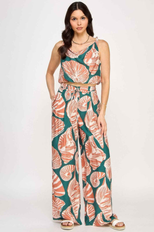 Printed Sleeveless Bubble Hem Top And Paper Bag Waist Pants Set