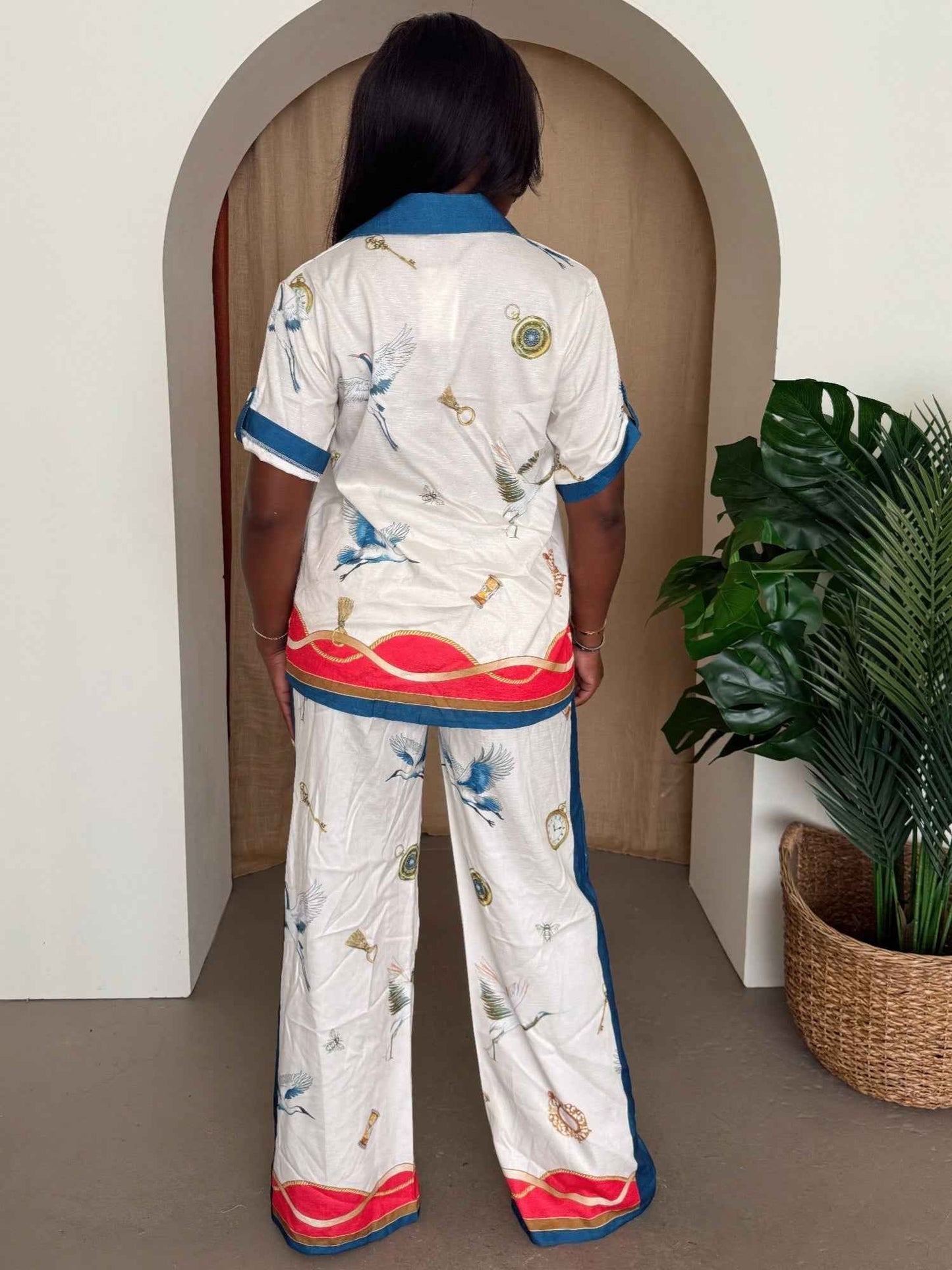 Crane & Nautical Print Shirt Pant Set Ivory Multi