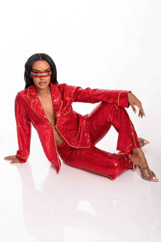 Sequin Collared Two Piece Set