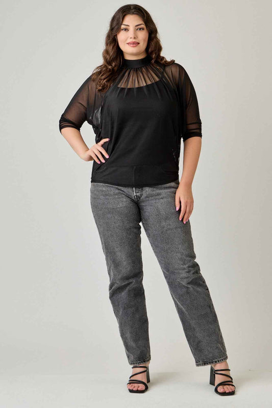 Plus Size Draped Mesh Top With Tank