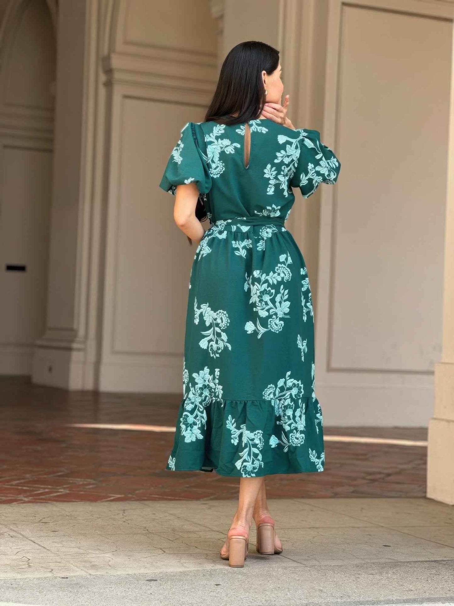 Belted Flare Floral Print Cap Sleeve Midi Dress