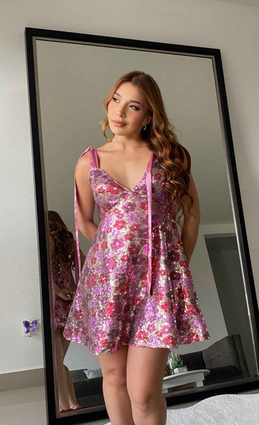 Women's Sequin Floral Mini Dress Ties On Shoulders