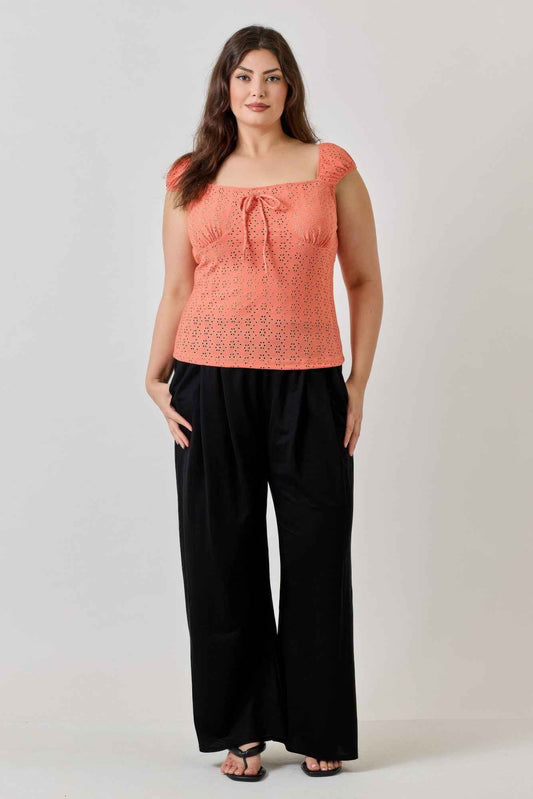 Plus Size Knit Eyelet Cap Sleeve Top