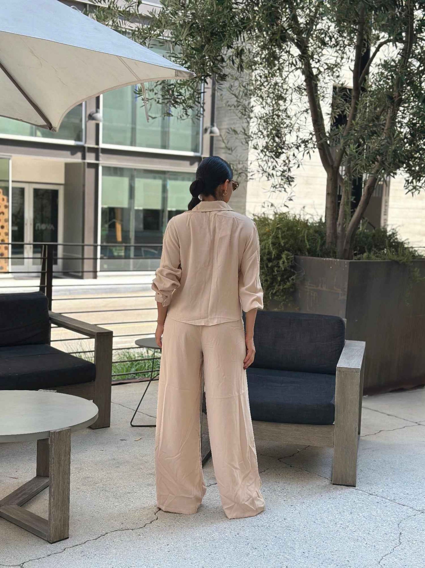 Casual Wide Leg Pants & Long Sleeve Front Tie Set