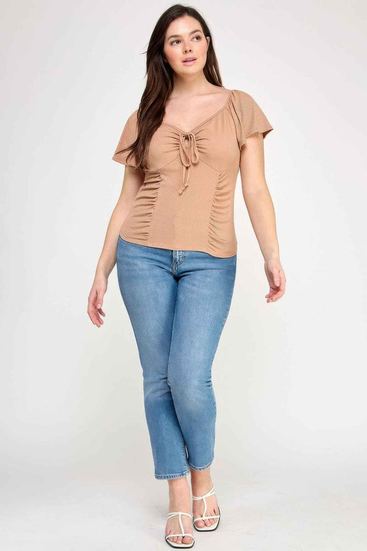 Plus Size Flare Ss V-neck Knit Rib Top