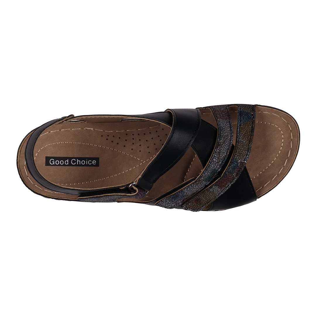 Dalary Black Strappy Velcro Two-Tone Comfort Flat Sandals