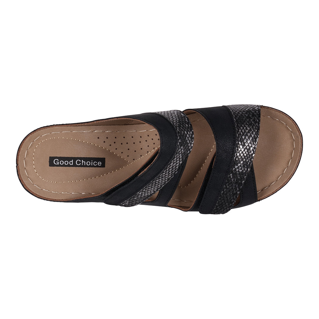 Havana Velcro Two-Tone Double Band Black Wedge Sandals