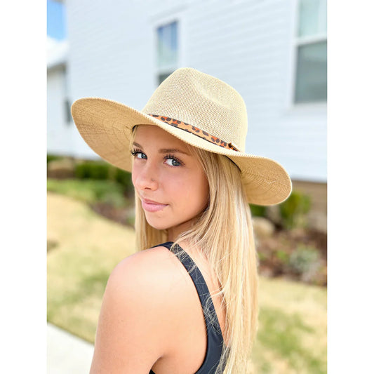 Knit Leopard Buckle Band C.C Panama Hat