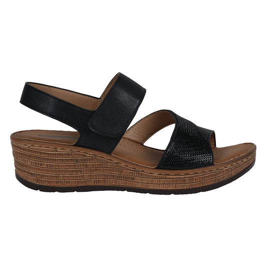 Women's Lux Black Embellished Velcro Wedge Sandals