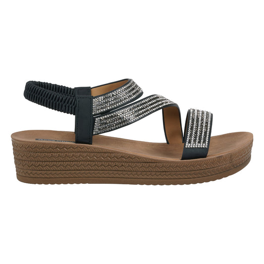 Women's Ruby Black Embellished Cross Strap Wedge Sandals