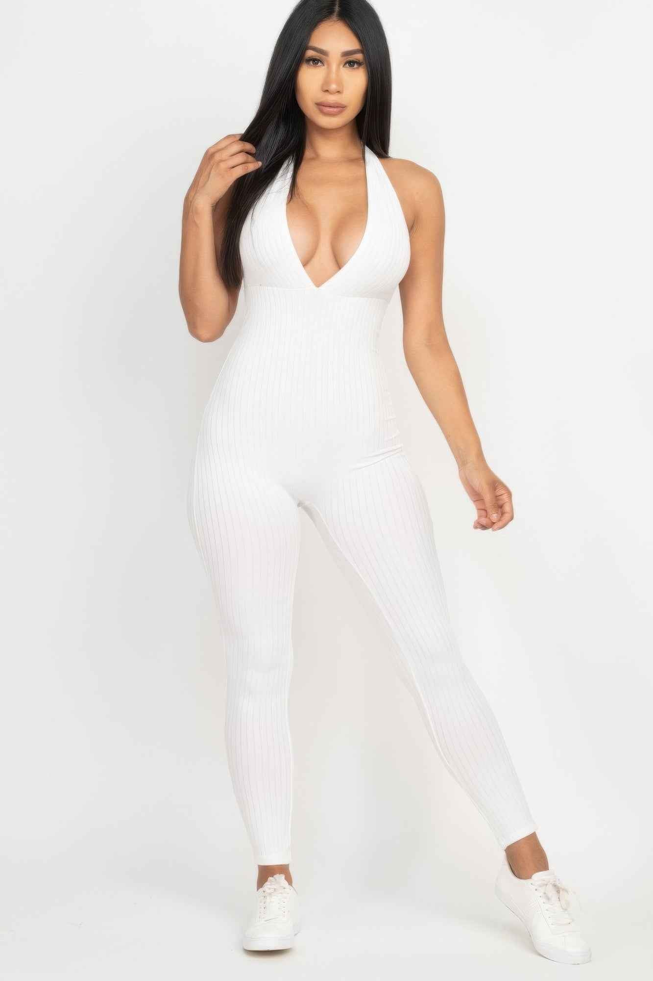 Halter V Neck Ribbed Bodycon Jumpsuit