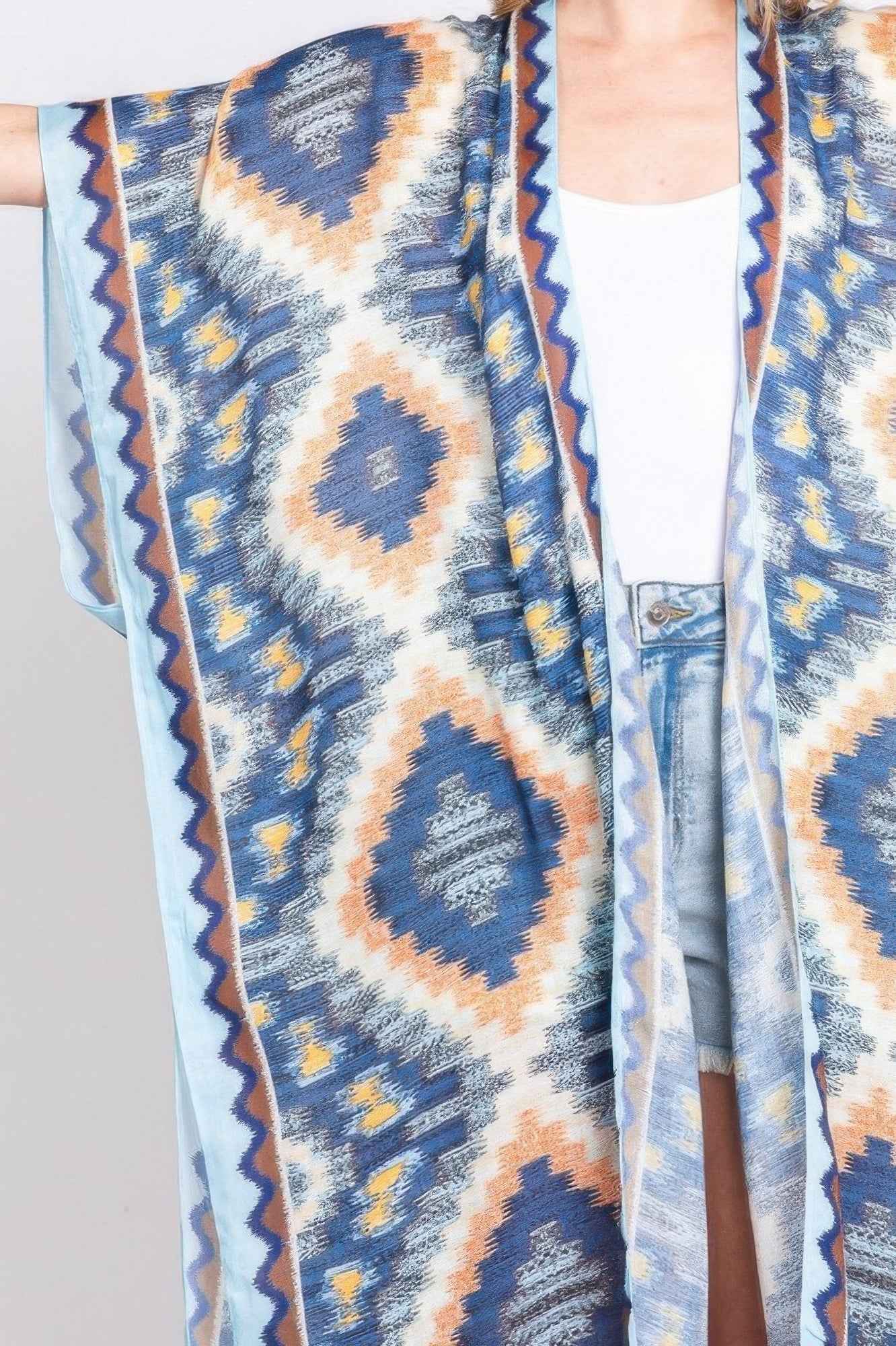 Aztec Print Open Front Long Kimono