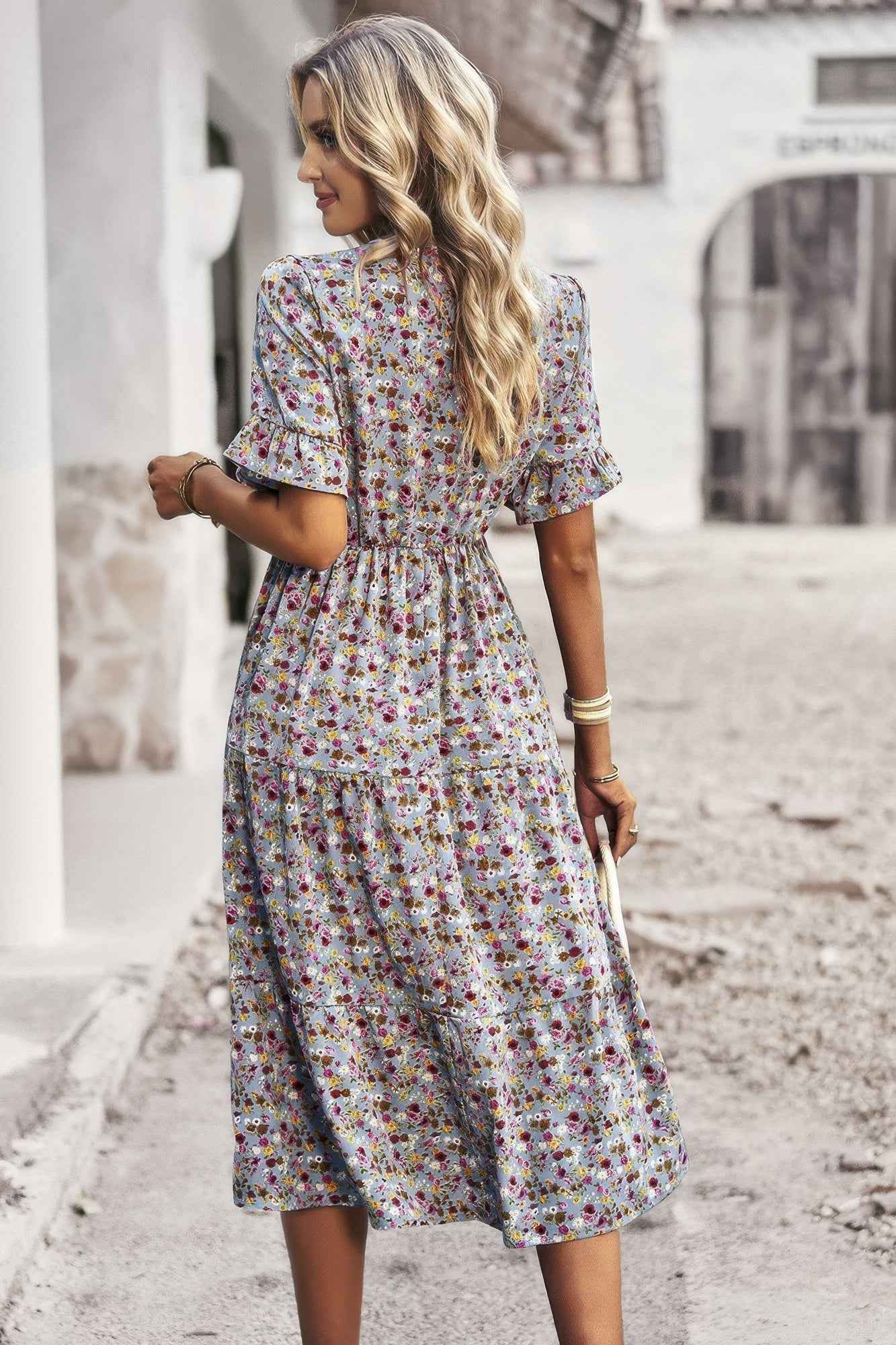 Boho Floral Ruffle Hem V Neck Short Sleeve Dress