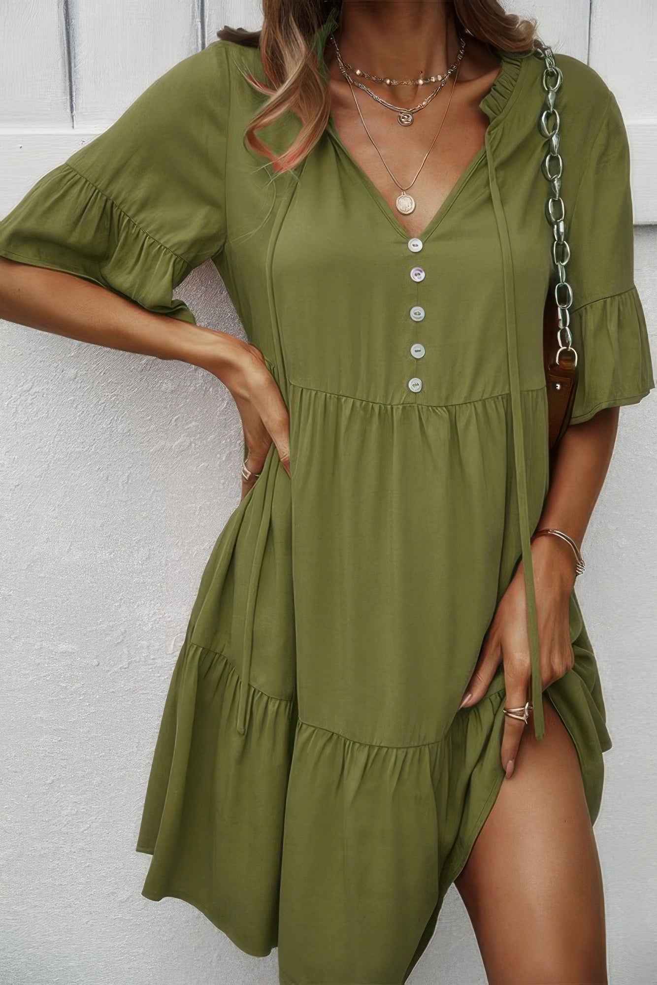 V Neck Flounce Sleeve Ruffle Hem Tie Neck Dress