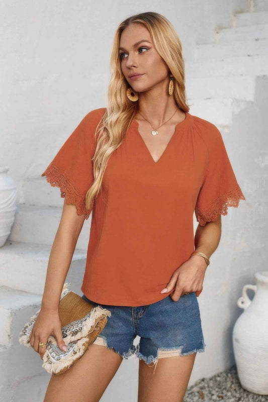 Solid V Neck Lace Hem Butterfly Sleeve Blouse