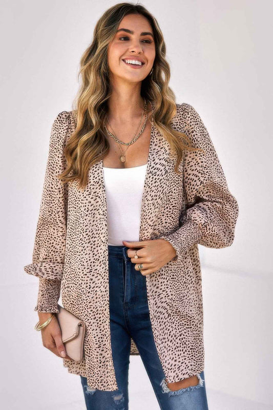 Allover Print Shirred Cuff Lantern Sleeve Kimono