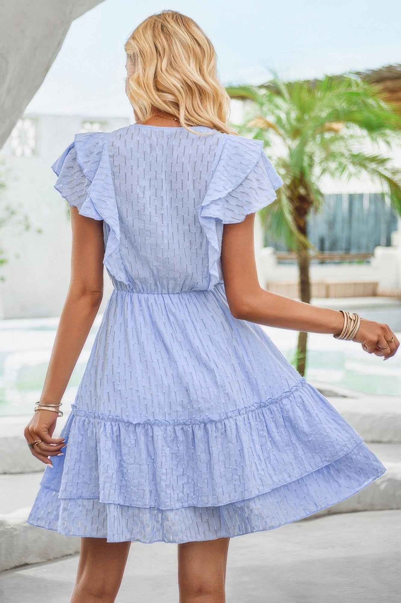 V Neck Hollow Pleated A Line Short Dress