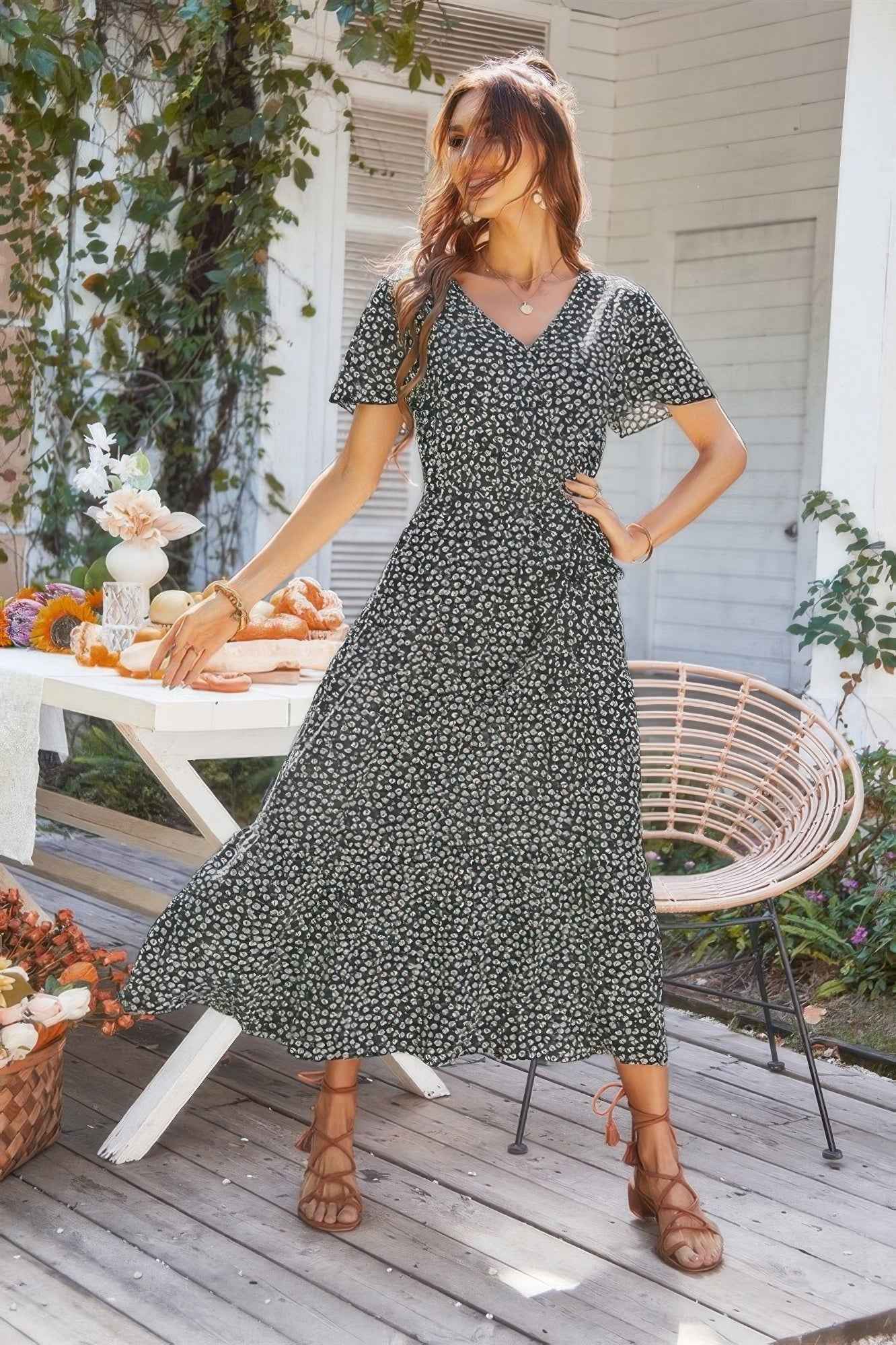 V Neck Short Sleeve Flower Print Dress