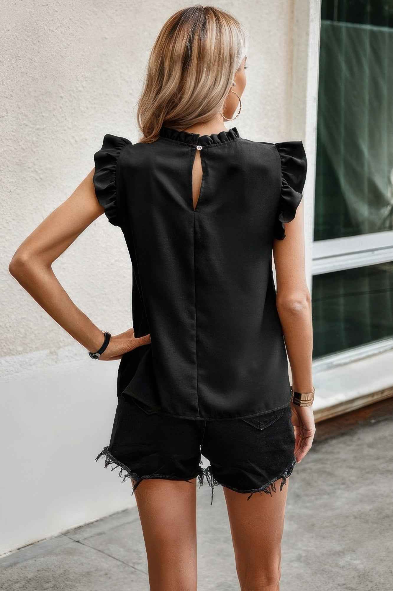 Striped Solid Cap Sleeve Ruffle Neck Tunic Shirts