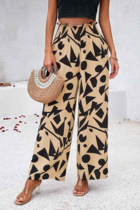 Allover Print Folded Frill Wide Leg High Waist Pant