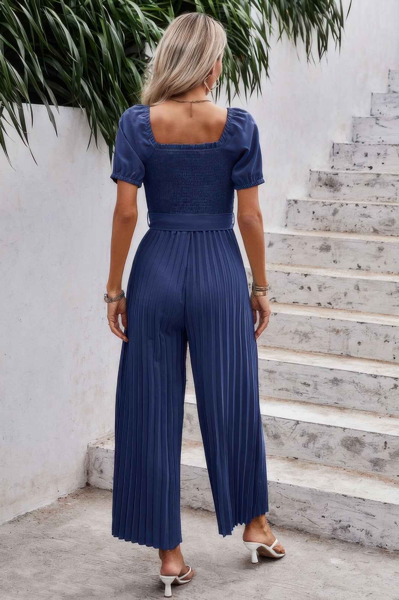Square Neck Ruffle Trim Belted Pleated Jumpsuit