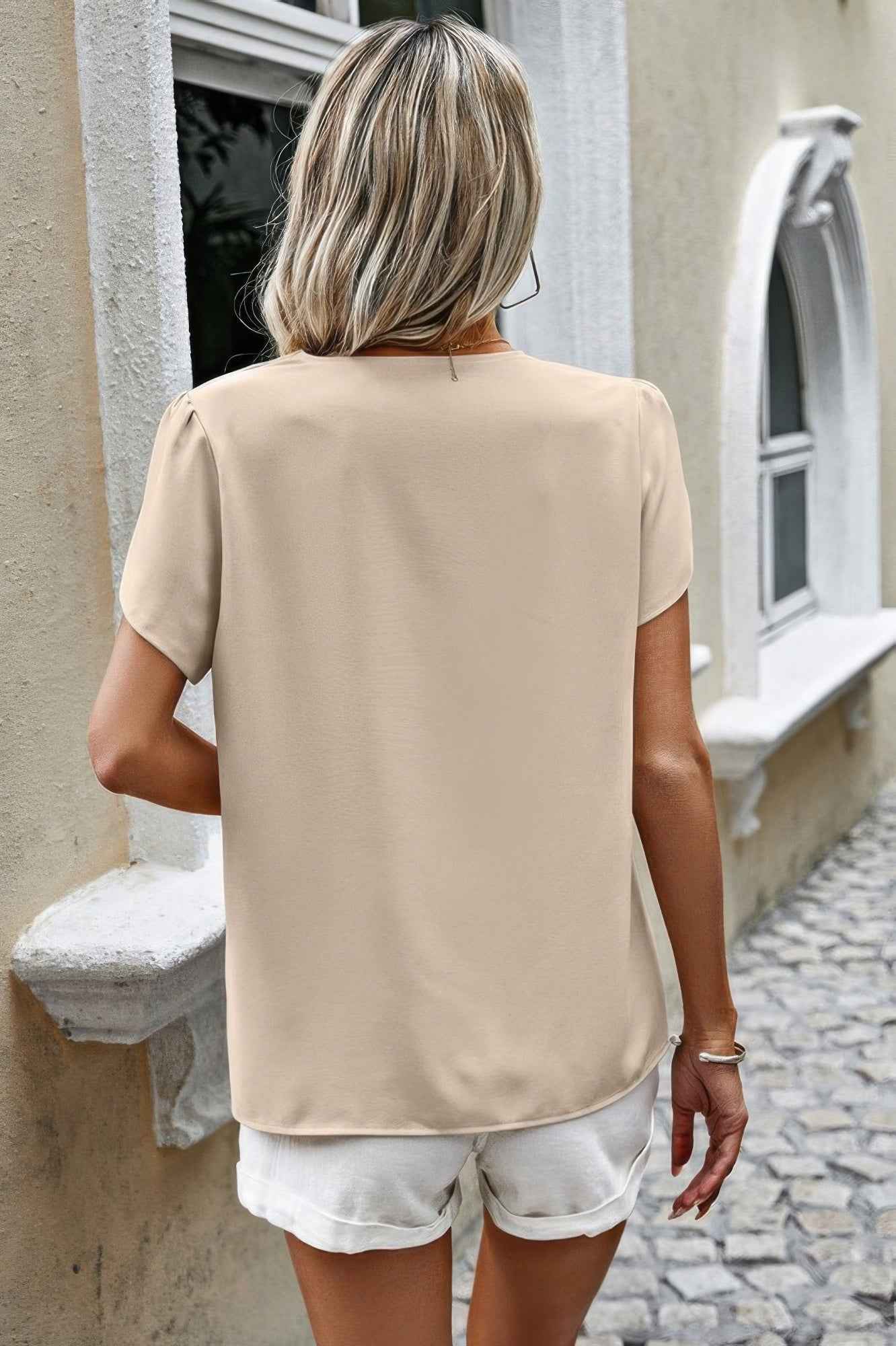 Solid Button Trim V Neck Loose Fit Blouse