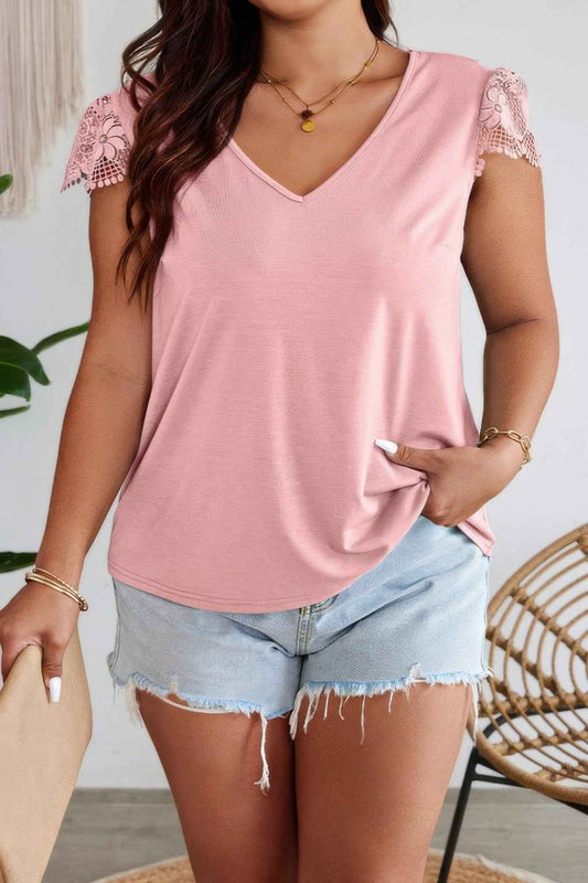 Solid V Neck Lace Splicing Back Bowknot T Shirt