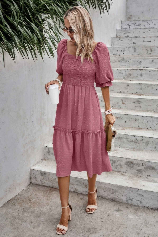 Square Neck Puff Sleeve Ruffle Hem Dress