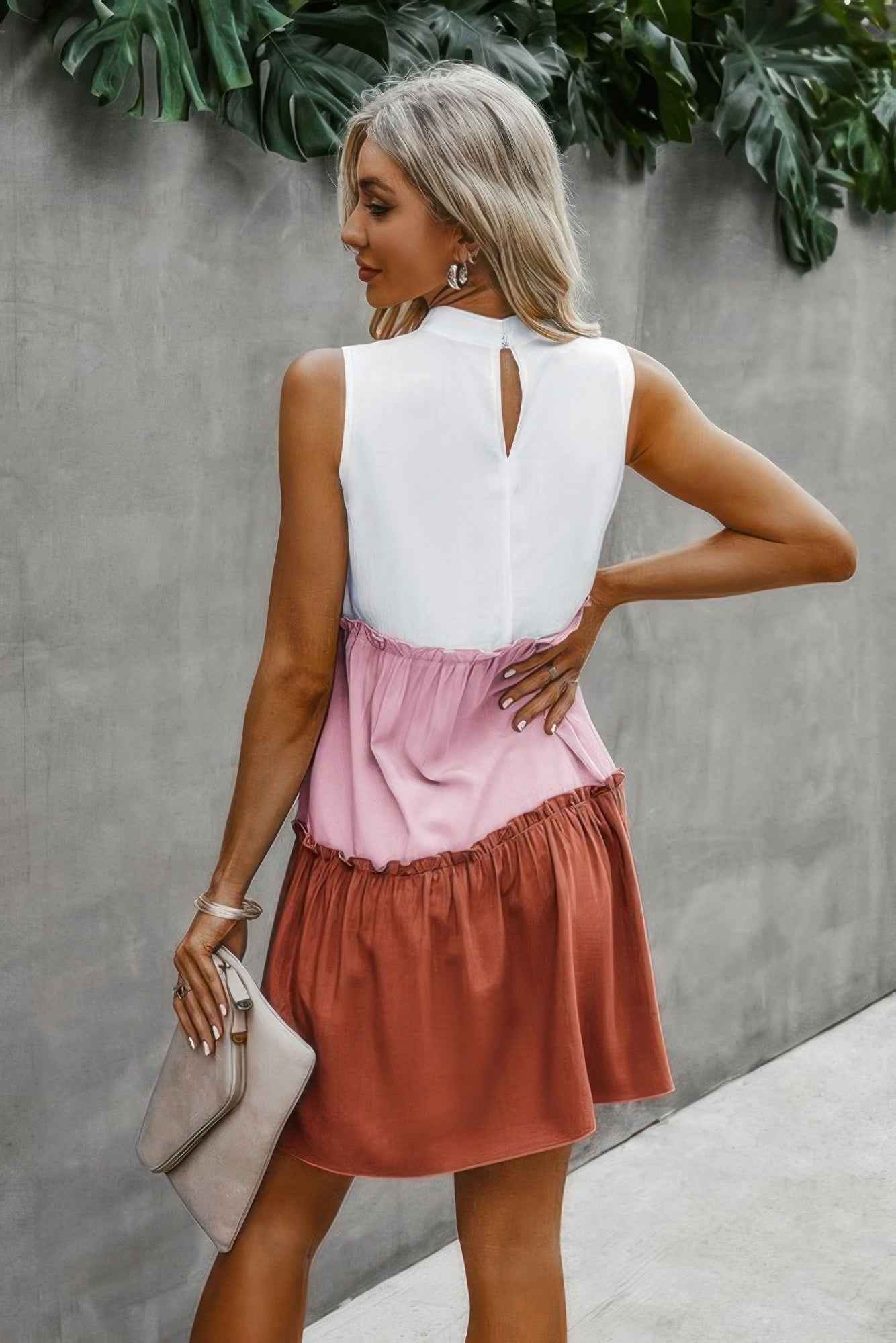 Colorblock Cut Out Back Ruffle Hem Tiered Dress