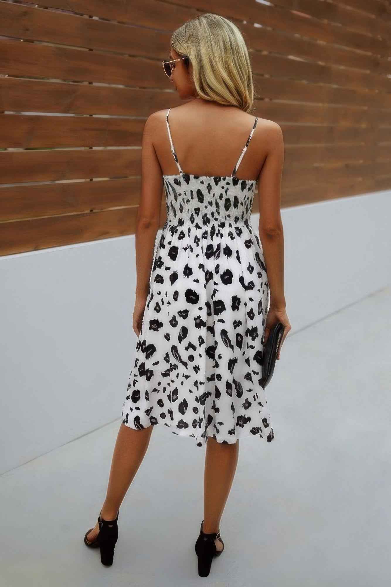 V Neck Spaghetti Strap Leopard Cut Out Midi Dress