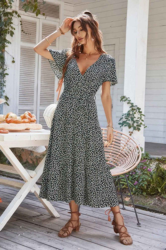 Floral Ruffle Hem Slit Short Sleeve Full Dress