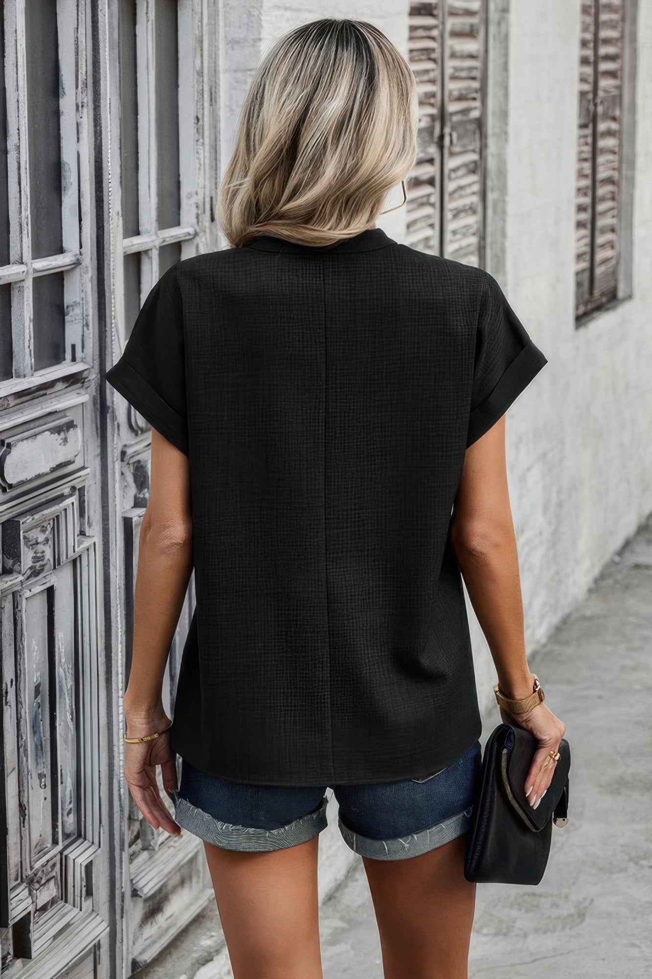 V Neck Solid Short Bat Sleeve Loose Fit Blouse