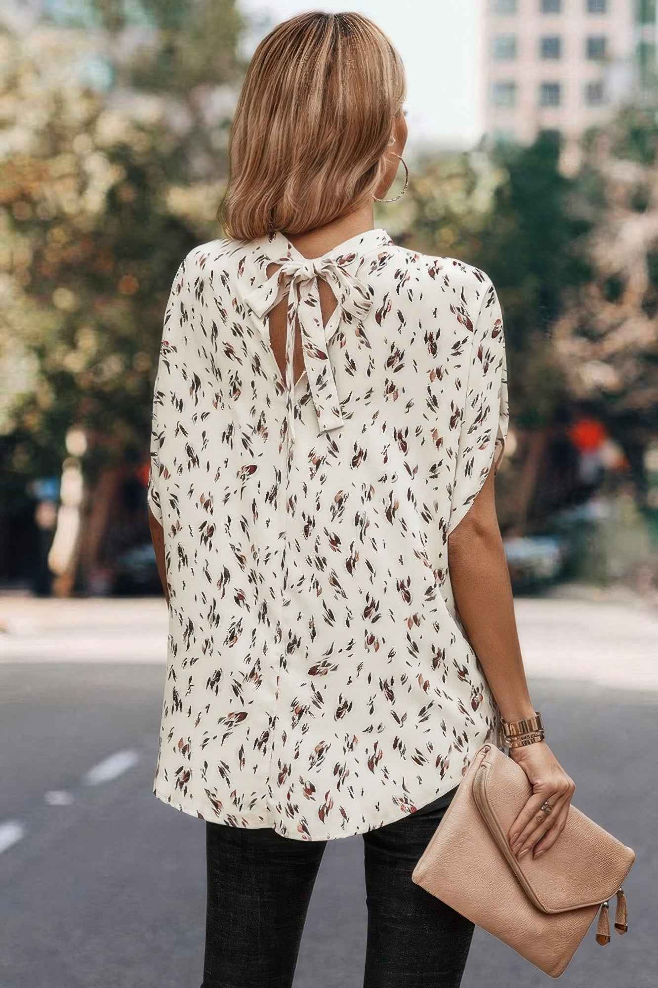 Leopard Print Open Back Knot Drop Shoulder Top